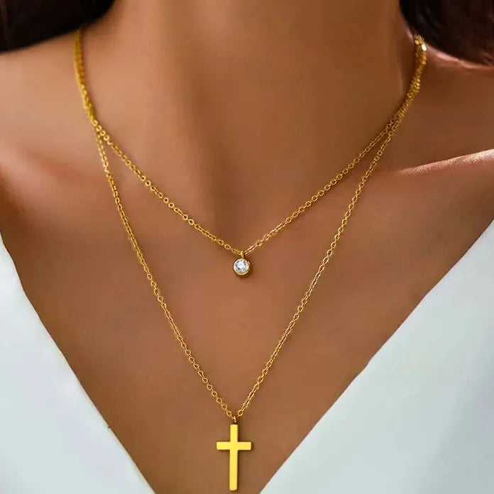 Stainless Steel Gold Cross Pendant Necklace for Women Double Layer Chain Jewelry Gift