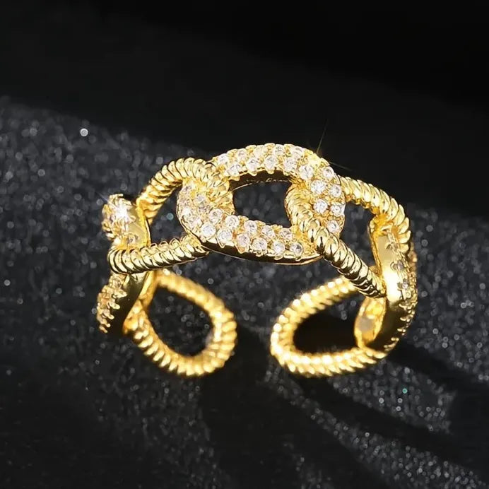 Adjustable Gold Brass CZ Chain Link Geometric Ring for Women