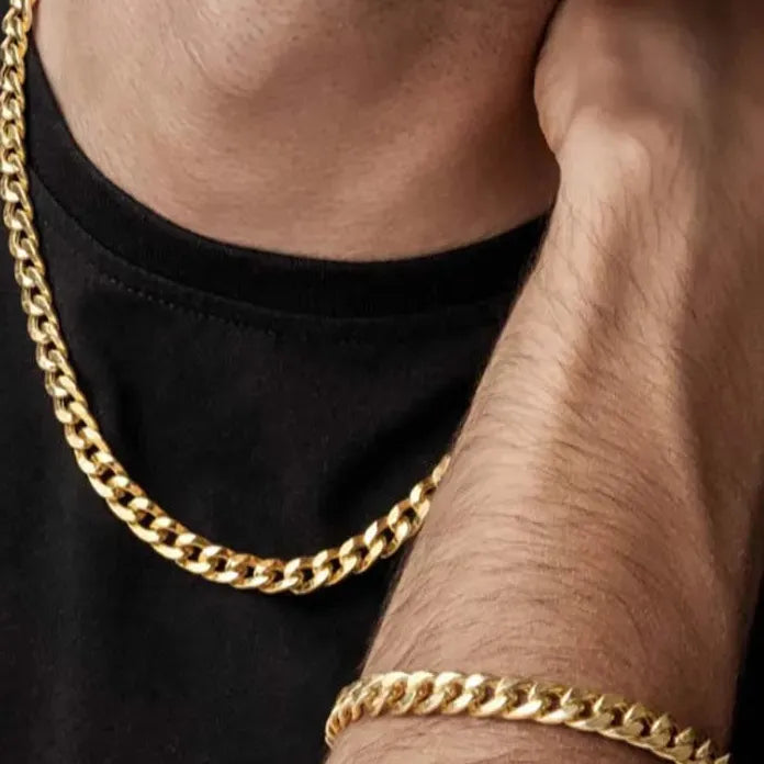 Punk Hip Hop Stainless Steel Cuban Chain Necklace & Bracelet Set Men Women
