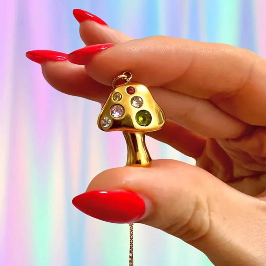 2025 Stainless Steel Mushroom Pendant Necklace Women Girls Zircon Jewelry Gift