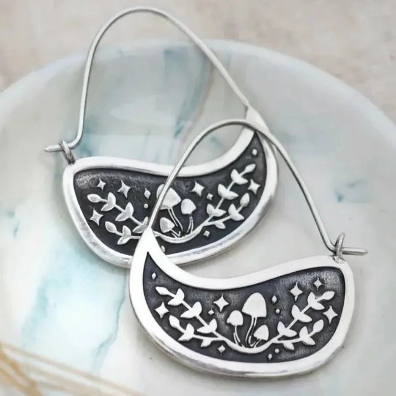 Boho Vintage Silver Color Flower Hoop Earrings for Women Copper Metal