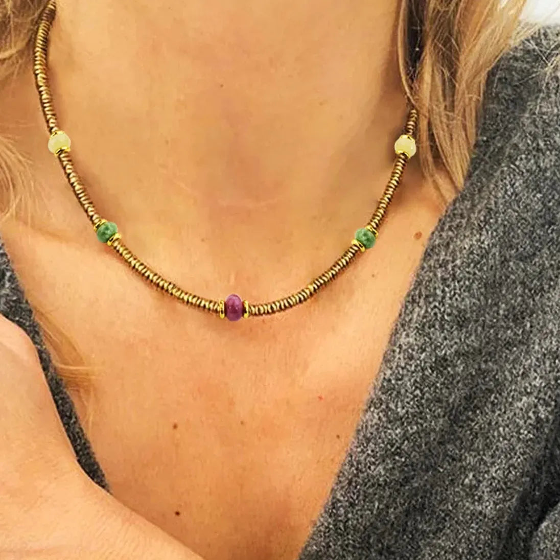 Boho Handmade Bead Stained Glass 18K Gold Plated Stainless Steel Choker Necklace Women