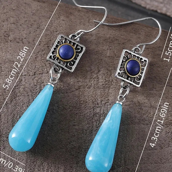 Retro Ethnic Style Two-Color Synthetic Stone Long Water Drop Earrings Zinc Alloy