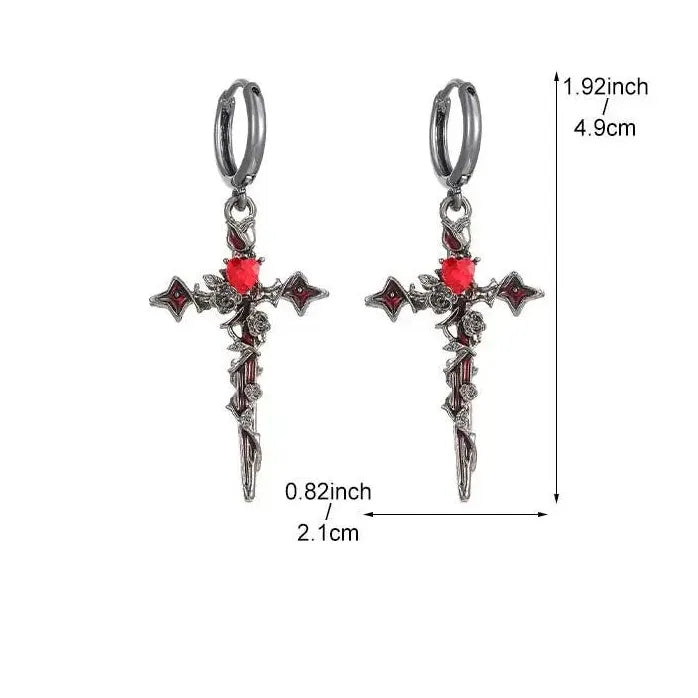 Cross Crystal Hoop Earrings Punk Thorn Rose Dripping Oil Cross Jewelry for Women Men