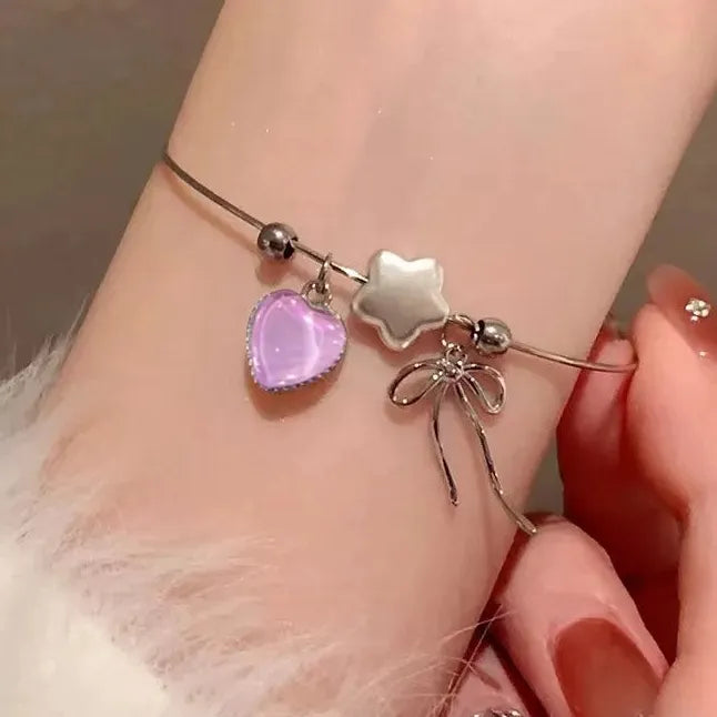 Y2K Pink Zircon Bowknot Necklace & Bracelet Set for Women Zinc Alloy