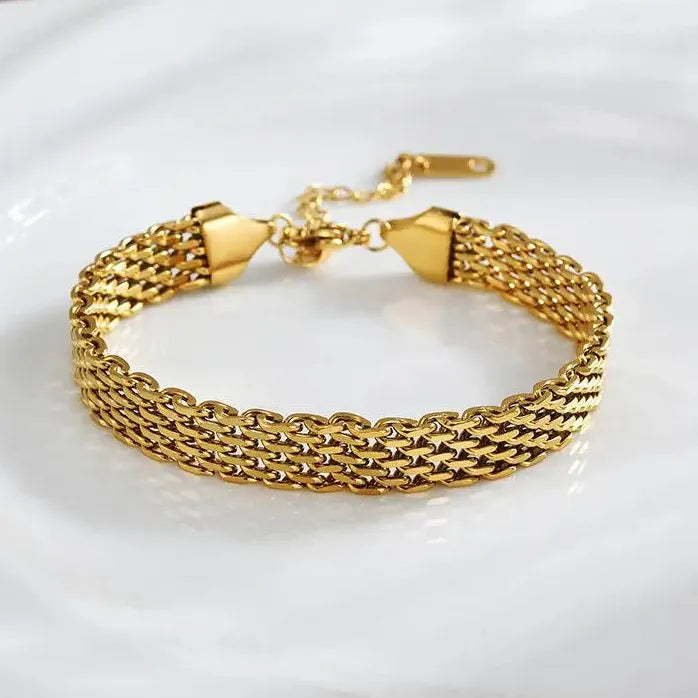 Vintage Gold Stainless Steel Cuban Bracelet Wide Mesh Edge Jewelry for Women Men