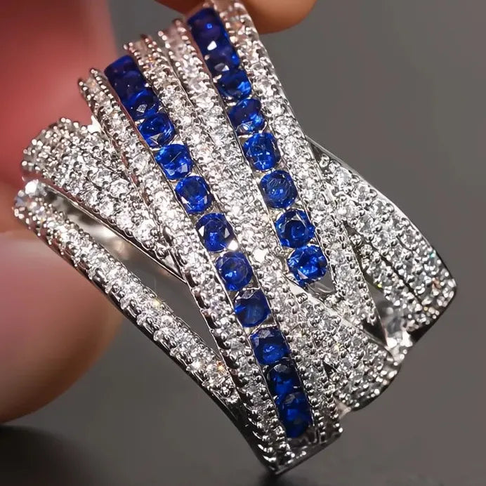 Geometric Cross Women’s Ring with Blue & White CZ for Wedding Party