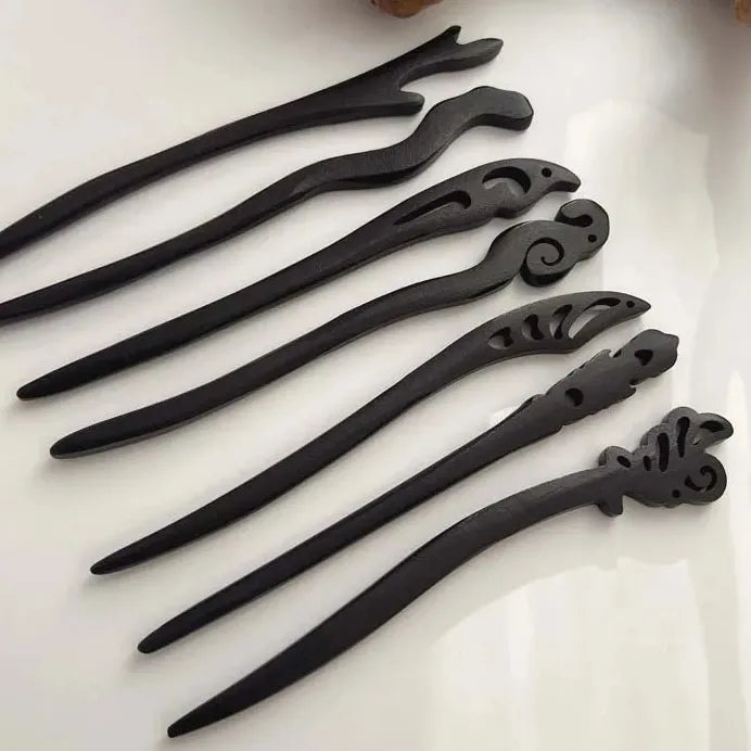 Carved Black Wooden Hair Sticks Traditional Chinese Hair Fork for Women