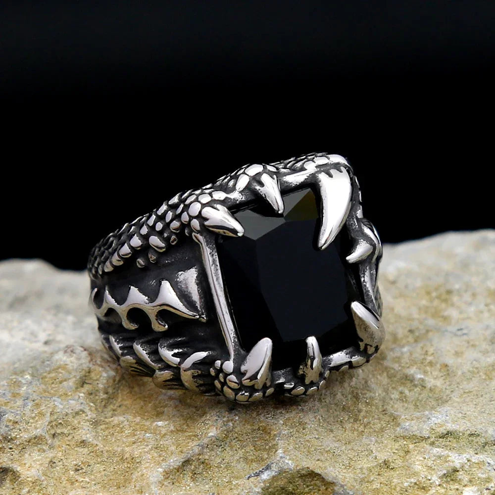 Vintage Punk Dragon Claws Ring Stainless Steel Black Stone Unisex Jewelry Gift