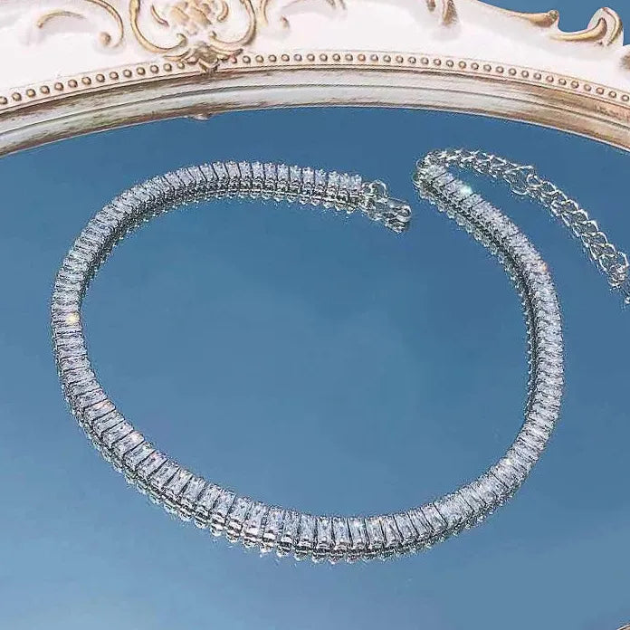 Stainless Steel Zircon Square Choker Necklace Crystal Wedding Jewelry