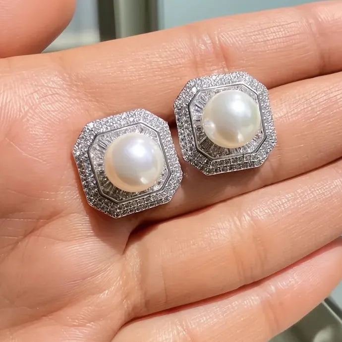 Luxury Geometric Copper Alloy Pearl Stud Earrings Wedding Jewelry for Women