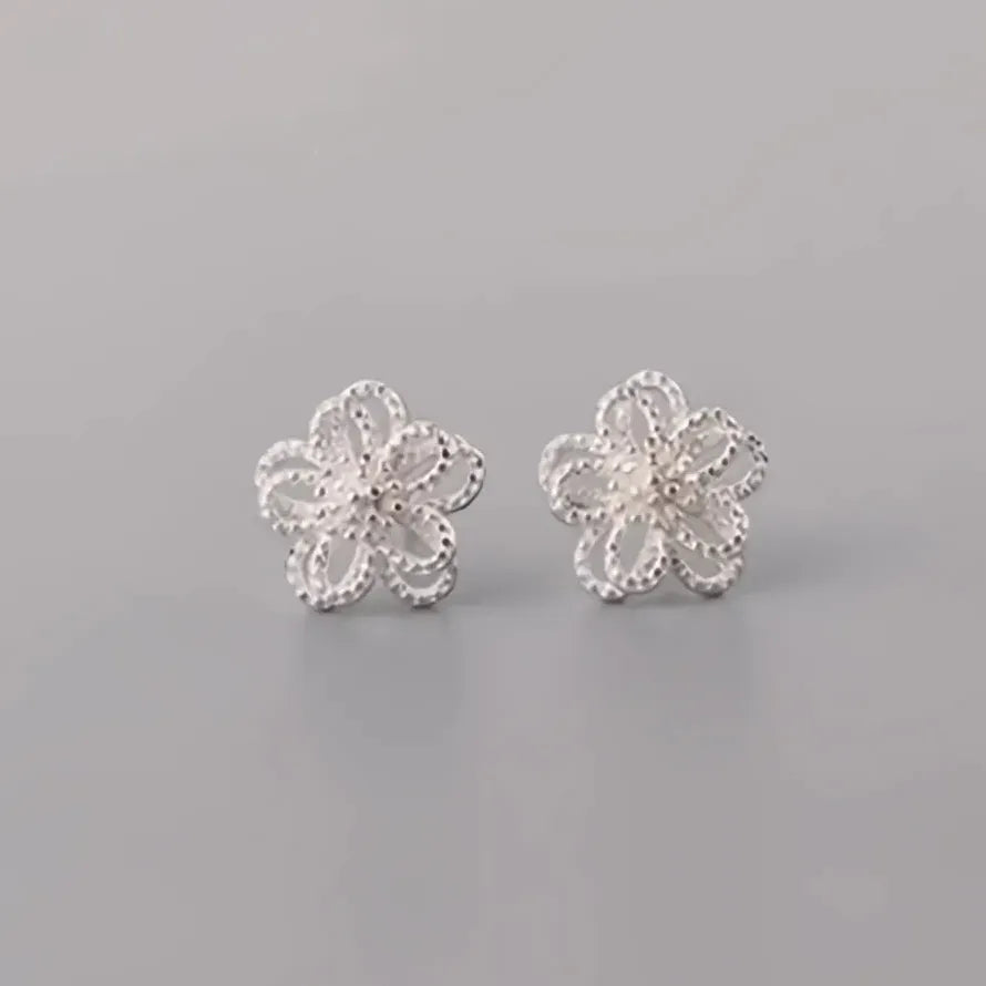 Silver Double Layer Geometric Flower Stud Earrings for Women Gift Copper Alloy