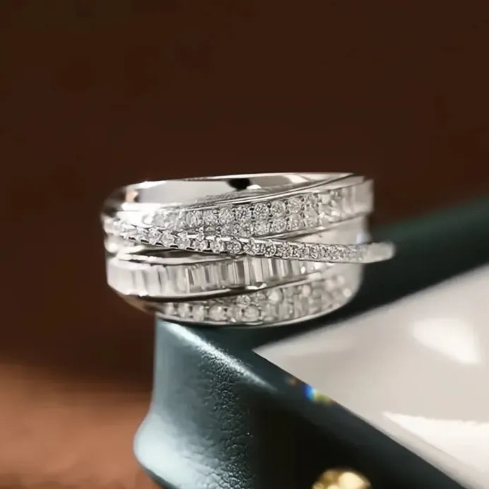 Multi-layer Geometric Cubic Zirconia Brass Ring for Women