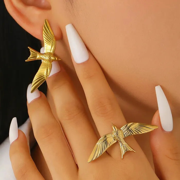 Stainless Steel Dove Jewelry Set for Women Vintage Bird Wing Earrings Ring