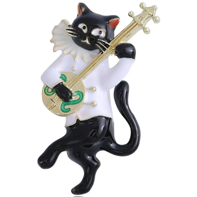 Vintage Cat Animal Brooch Musical Instrument Pin Trendy Jewelry for Women