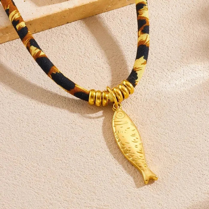 Adjustable Leopard Print Cord Necklace with Zinc Alloy Fish Bird Pendant Choker Gift