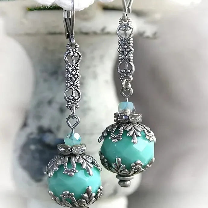 Vintage Geometric Blue Gemstone Drop Earrings Silver Zinc Alloy Leaves Jewelry Women