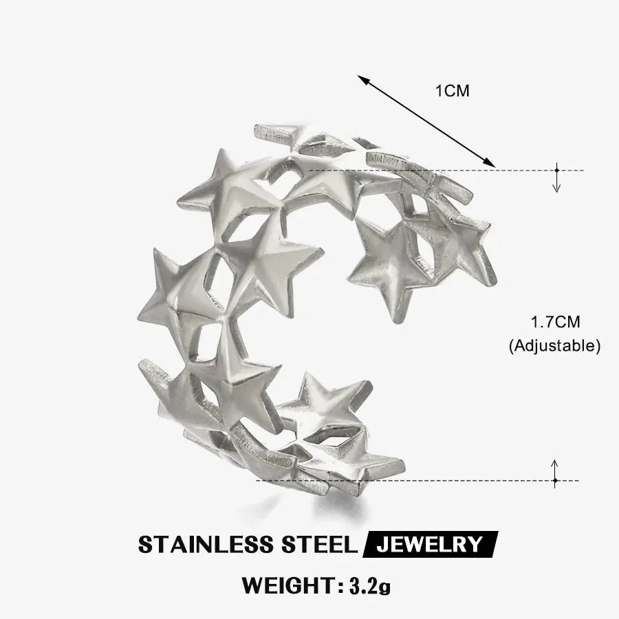 Vintage Adjustable Stainless Steel Hollow Pentagram Star Ring for Women Jewelry