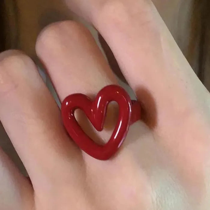 Red Enamel Heart Ring Women Punk Hiphop Couple Gift Fashion Jewelry
