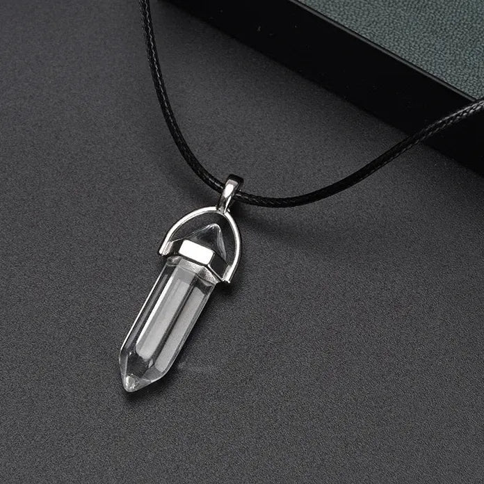 Natural Quartz Crystal Opal Agate Hexagonal Pendulum Necklace Leather Chain Charm
