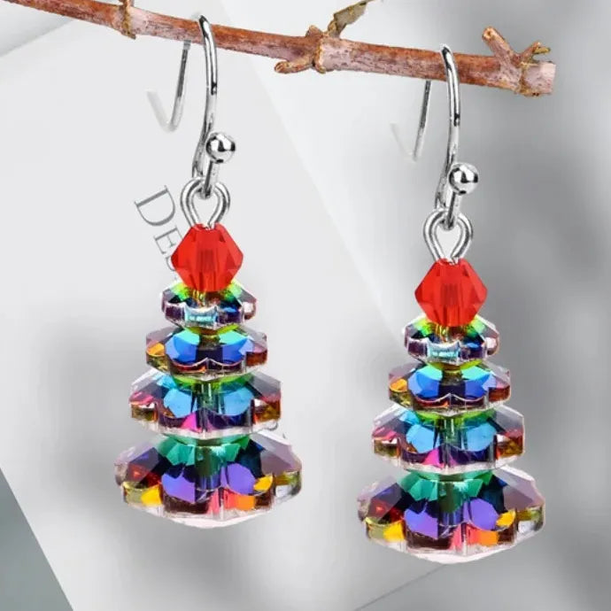 Christmas Style Multicolor Crystal Drop Earrings Alloy Tree Top Red Stone
