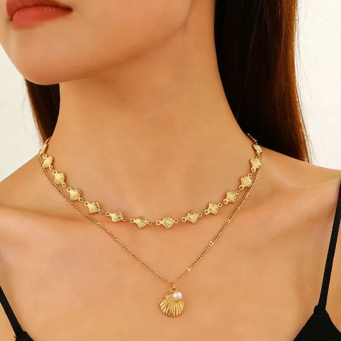 Starfish Shell Pearl Double-Layer Pendant Necklace for Women Zinc Alloy Gift
