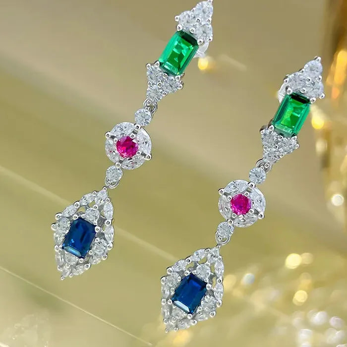 Geometric Green CZ Dangle Earrings for Women Copper Drop Wedding Jewelry