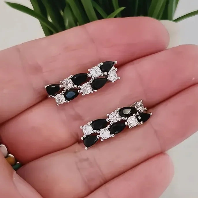 Geometric Black & White Cubic Zirconia Hoop Earrings in Copper Alloy
