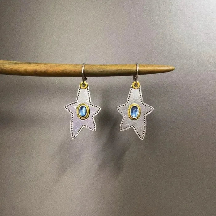 Vintage Pentagram Inlaid Blue Stone Earrings Ethnic Style Silver Drop Jewelry
