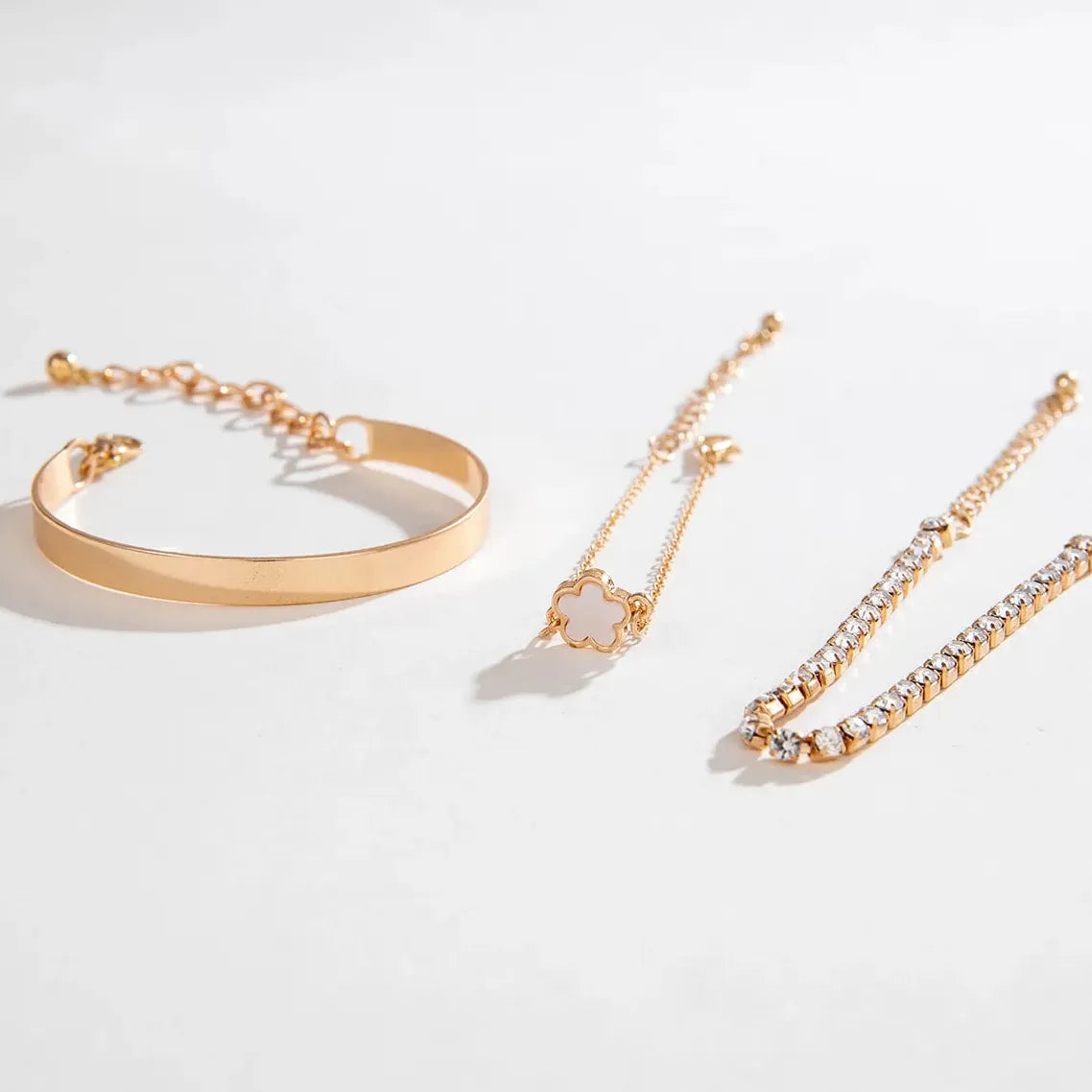 3Pcs Bohemia Minimalism Metal Rhinestone Chain Flower Bracelets for Women Gold