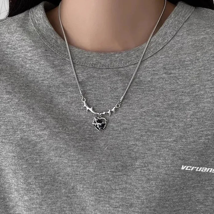 Heart Zircon Pendant Necklace with Irregular Chain Silver Y2K Gift