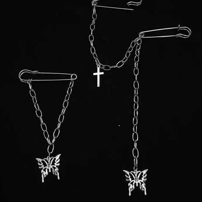 Vintage Butterfly Cross Chain Brooch Pin Zinc Alloy Metal Punk Jewelry Gift