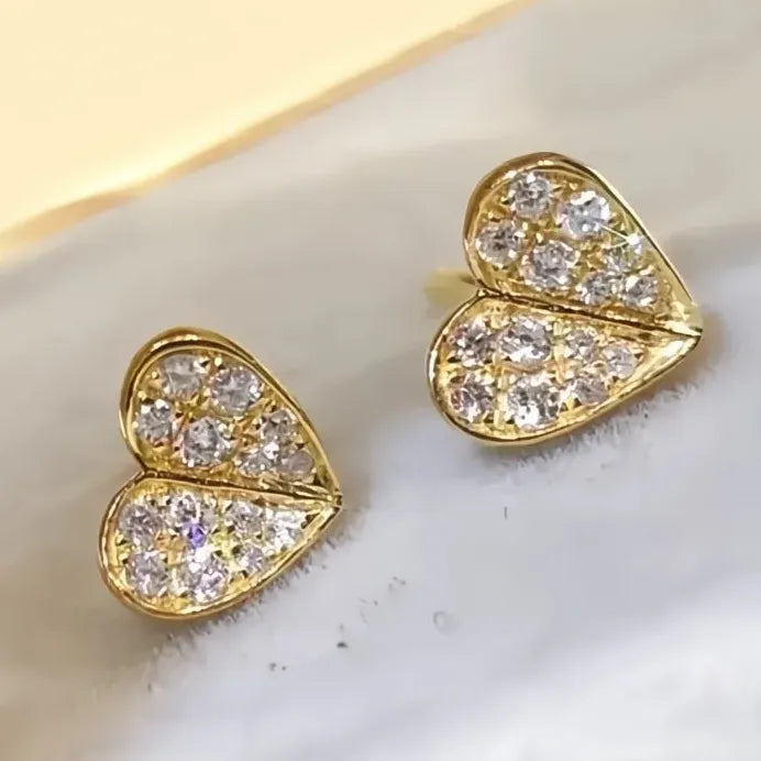 Heart Shaped Gold Color CZ Stud Earrings Romantic Wedding Jewelry