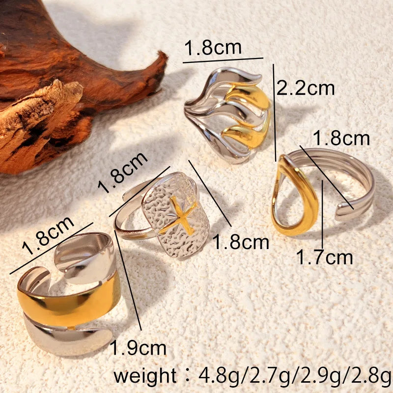 18K Gold Plated Stainless Steel Two-Tone Geometric Ripple Open Knuckle Ring