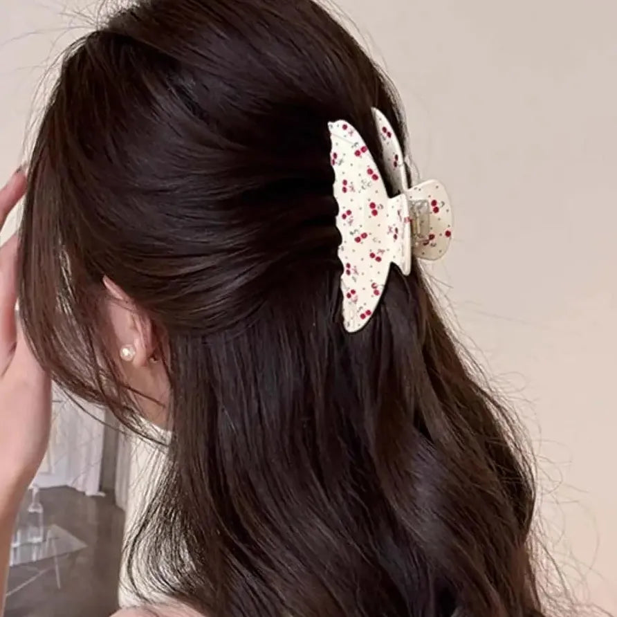 Rectangular Sweet Cherry Flower Print Rhinestone Hair Claw Clip for Women