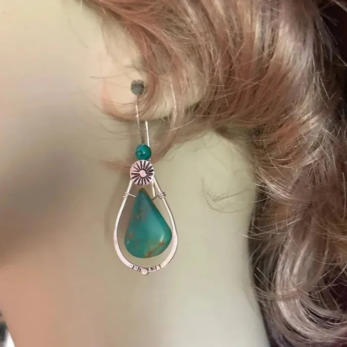 Vintage Geometry Deep Synthetic Sapphire Pendant Earrings Women Ethnic Blue Beads Zinc Alloy Jewelry