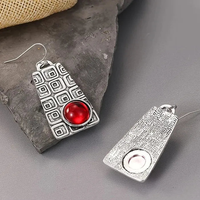 Retro Geometric Punk Pendant Earrings Set with Red Semi-Precious Stones for Women