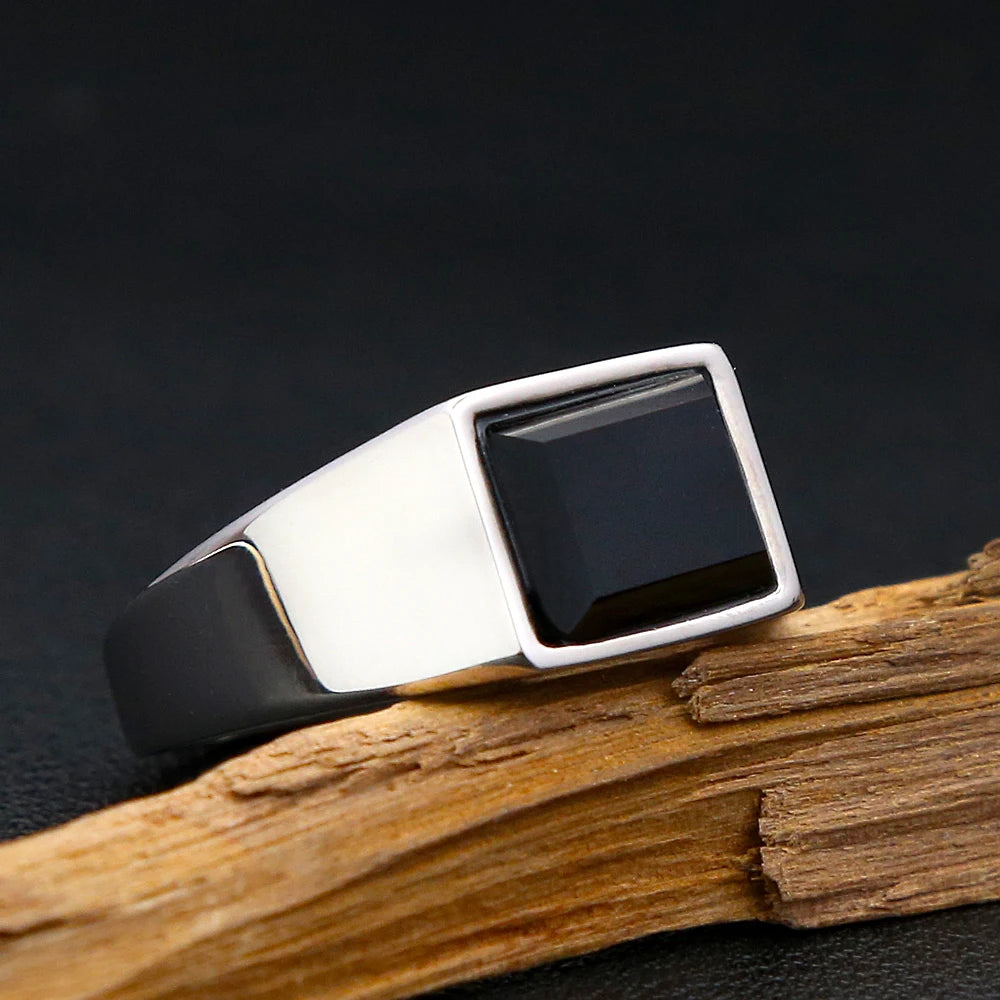 Punk Vintage Black Gemstone Ring Stainless Steel Biker Jewelry for Men Women