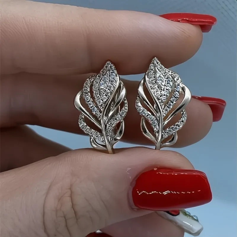 Leaf Shaped Hoop Earrings for Women Gold Color Cubic Zirconia Bridal Wedding Jewelry Elegant Temperament