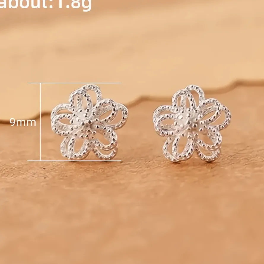 Silver Double Layer Geometric Flower Stud Earrings for Women Gift Copper Alloy