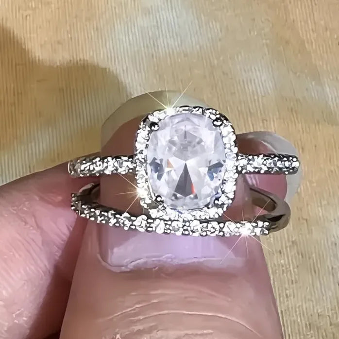Elegant 2Pcs Women Bridal CZ Inlaid Geometric Wedding Engagement Ring Set
