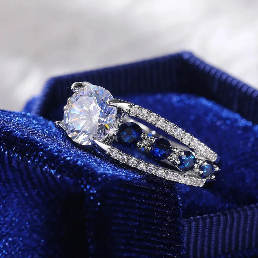Sapphire Blue Zircon Hollow Out Ring for Women Zinc Alloy Engagement Jewelry