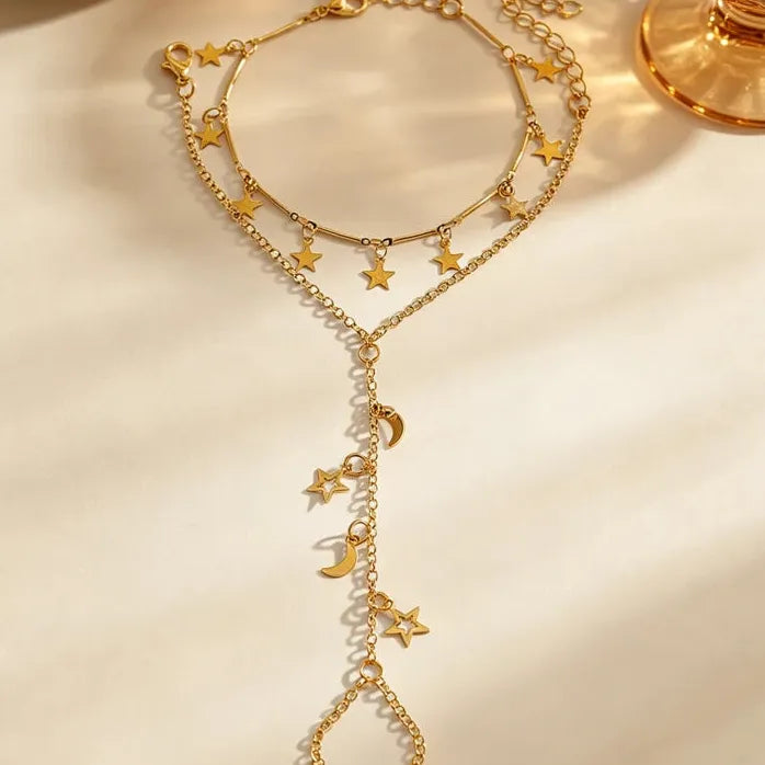 Star Moon Tassel Adjustable Bracelet for Women Vintage Celestial Jewelry Gift