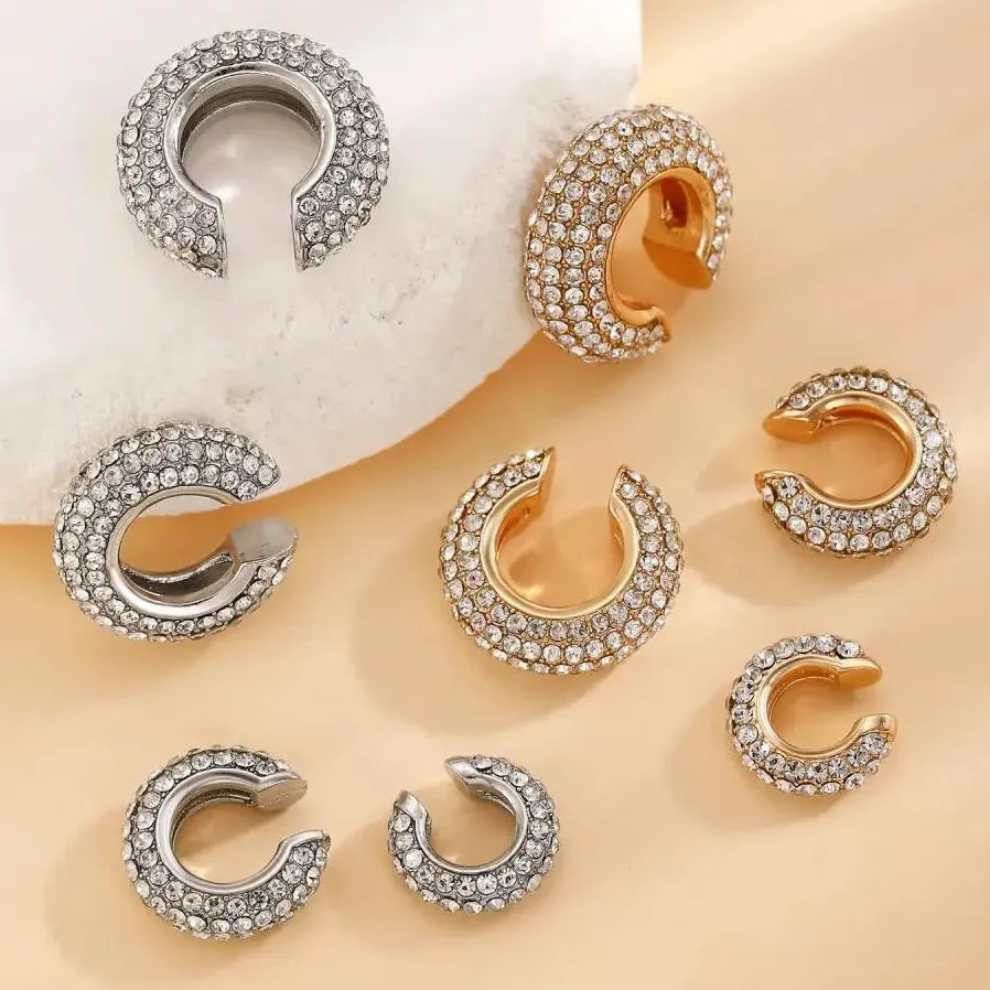 Vintage Round C Shape Cartilage Clip Earrings for Women Copper Rhinestone Jewelry