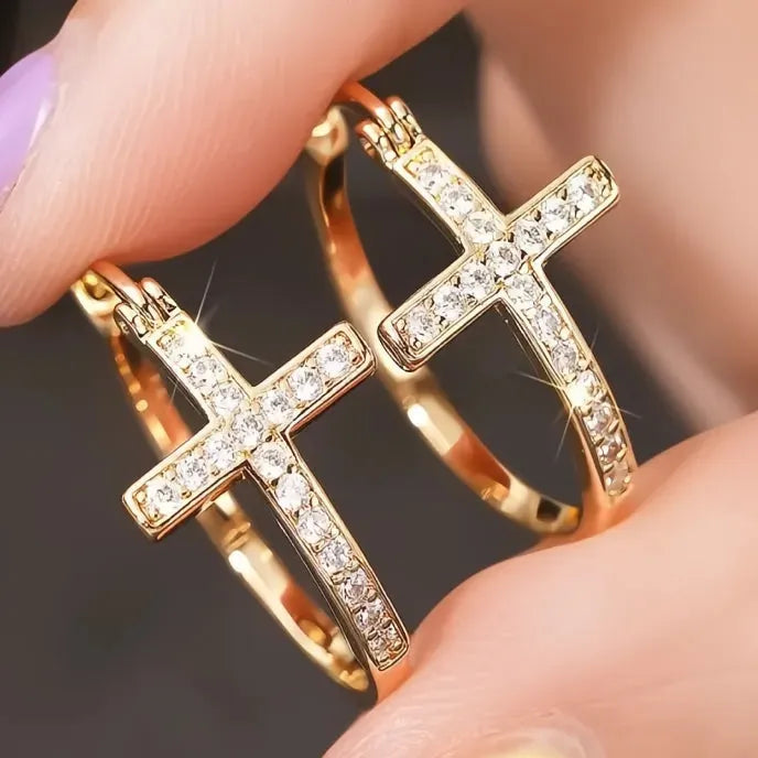 Gold Cross Hoop Earrings for Women Cubic Zirconia Inlaid Trendy Chic Wedding Jewelry