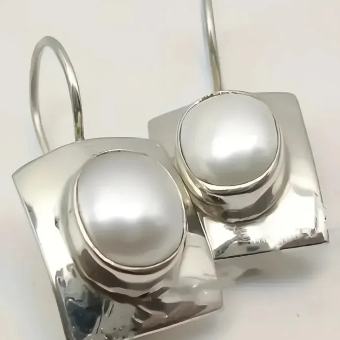 Vintage Boho Hammered Brass Square Earrings with Pearl Dangle for Women