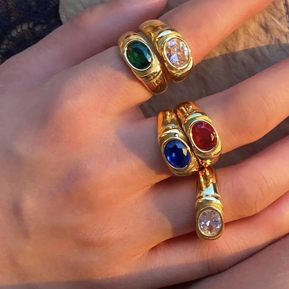 Retro Multicolor Zircon Oval Crystal Stainless Steel Gothic Chunky Knuckle Ring for Women