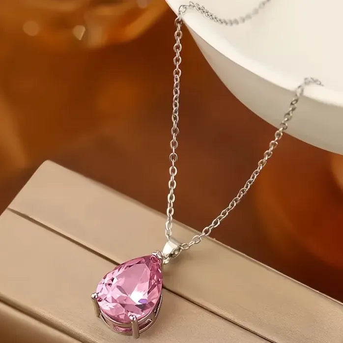 Copper Alloy Pendant Necklace with Pink Cubic Zirconia for Women