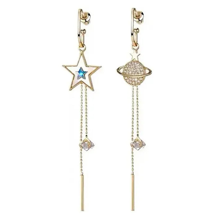 Pentagram Asymmetric Long Tassel Earrings Rhinestone Star Jewelry for Women