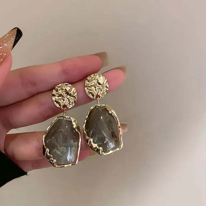Vintage Gold Zircon Square Stone Small Geometric Drop Earrings for Women
